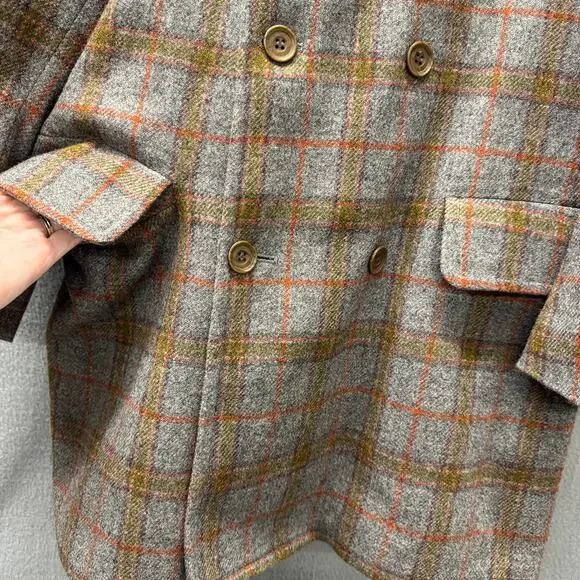 Vintage Zero King Coat Mens 38 Wool Faux Fur Lined Gray Orange Plaid Made in USA - Picture 5 of 8